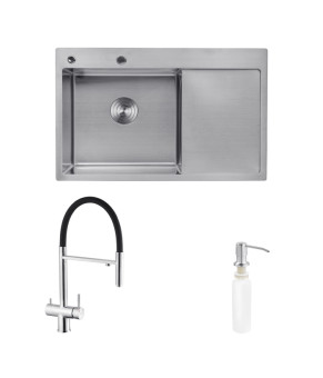 Комплект кухонна мийка Kroner Gebürstet-7849LHM + змішувач Edelstahl Klassisch-ESG03815BLK + дозатор Spender-016