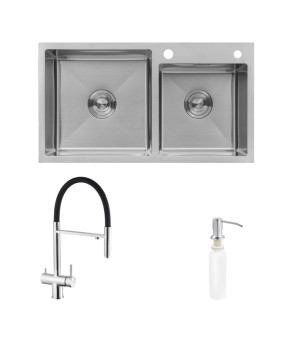 Комплект кухонна мийка Kroner Gebürstet-7843ZHM + змішувач Edelstahl Klassisch-ESG03815BLK + дозатор Spender-016