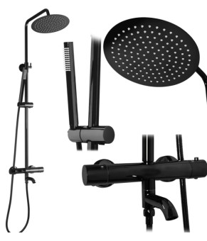 Душевой гарнитур REA LUNGO BLACK GLOSSY с термостатом и изливом (REA-P8763)