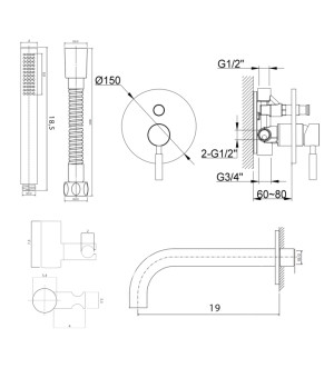 Смеситель для ванны и душа KOHLMAN ROXIN BLACK + BOX скрытого монтажа  (KPL-QW210RBL)