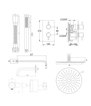 Душевая система KOHLMAN AXEL 30 BLACK с термостатом + BOX скрытого монтажа (KPL-QW433AB30)