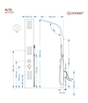 Душевая панель CORSAN ALTO SILVER LED (A017MSLLED)