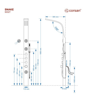 Душевая панель CORSAN SNAKE INOX с термостатом (S002TSL)
