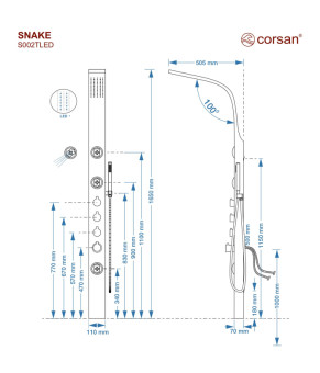 Душевая панель CORSAN SNAKE BLACK LED с термостатом  (S002TBLLED)