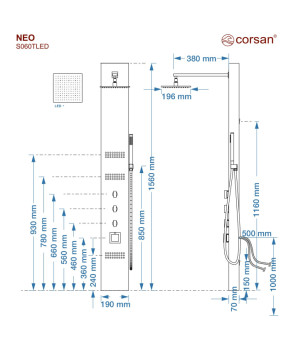 Душевая панель CORSAN NEO INOX LED с термостатом (S060TSLLED)