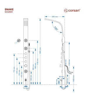 Душевая панель CORSAN SNAKE INOX с изливом (S002MSLW)