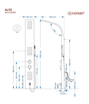 Душевая панель CORSAN ALTO BLACK LED с изливом (A017MBLLEDW)