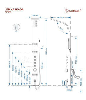 Душевая панель CORSAN KASKADA SILVER LED с изливом и термостатом (A014MSLLEDW)