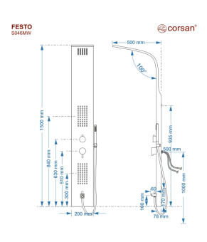 Душевая панель CORSAN FESTO BLACK с изливом (S046MBLW)