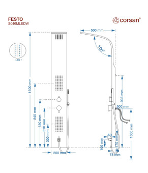 Душевая панель CORSAN FESTO BLACK LED с изливом (S046MBLLEDW)