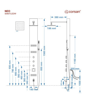 Душевая панель CORSAN NEO BLACK LED с изливом и термостатом (S060TBLLEDW)