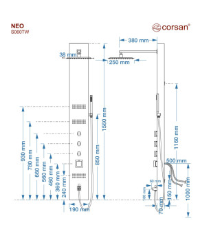 Душевая панель CORSAN NEO INOX с изливом и термостатом (S060TSLW)