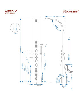 Душевая панель CORSAN SAMSARA INOX LED с изливом  (S003MSLLEDW)