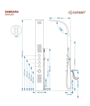 Душевая панель CORSAN SAMSARA INOX LED с термостатом (S003TSLLED)