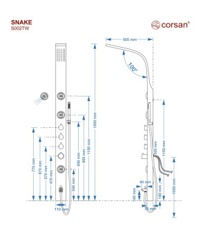 Душевая панель CORSAN SNAKE BLACK с изливом и термостатом  (S002TBLW)