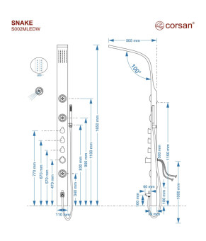 Душевая панель CORSAN SNAKE INOX LED с изливом и термостатом (S002TSLLEDW)