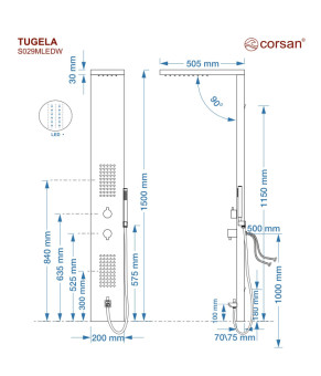 Душевая панель CORSAN TUGELA BLACK LED с изливом (S029MBLLEDW)