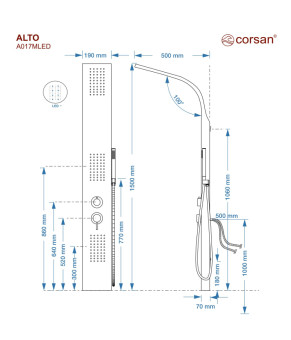 Душевая панель CORSAN ALTO BLACK LED  (A017MBLLED)
