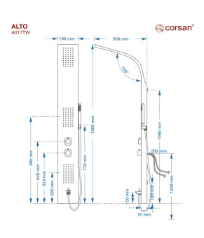 Душевая панель CORSAN ALTO SILVER LED с изливом и термостатом (A017TSLLEDW)