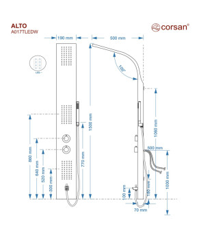 Душевая панель CORSAN ALTO WHITE  с изливом и термостатом (A017TWLEDW)