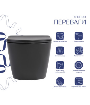 Унітаз підвісний Robin Ultra Quiet 490×365×325 мм, Anthracite, з сидінням Slim Duroplast / Soft-close / Quick Release QT13332381АSAN Qtap