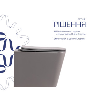 Унітаз підвісний Tern Ultra Quiet 490×365×325 мм, Stone Grey, з сидінням Slim Duroplast / Soft-close / Quick Release QT17332303ASSG Qtap