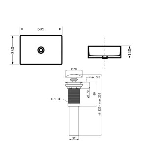 Комплект Qtap Tern: Раковина накладна прамокутна 610x350x135 мм WHITE + Донний клапан PU02