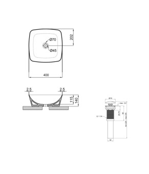 Комплект Qtap Kolibri: Раковина накладна 400x400x140 мм, White, квадратна + Донний клапан Pop-up PU02