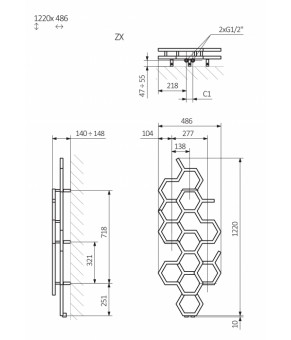 Полотенцесушитель Terma Hex 1220x486 мм WGH2X122048