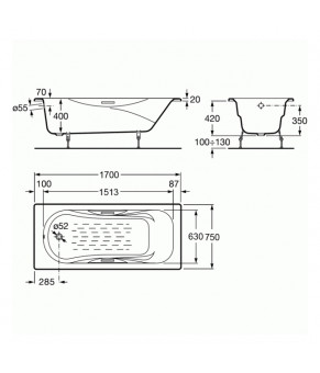 Ванна чугунная Roca с ручками и сифоном A23097000R A150412330