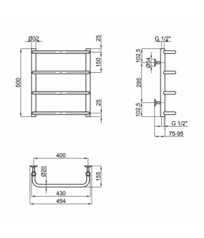 Водяной полотенцесушитель Lidz Standard (CRM) D32/20х1/2" 400x500 P4