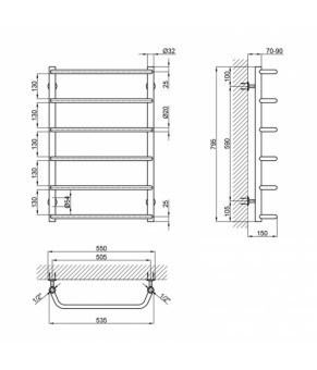 Водяной полотенцесушительLidz Standard (CRM) D32/20х1/2" 500x800 P6