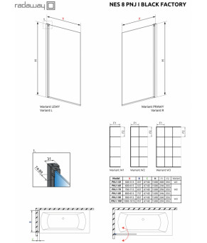 Шторка для ванни Radaway Nes 8 Black PNJ I Factory 80 10061080-54-55