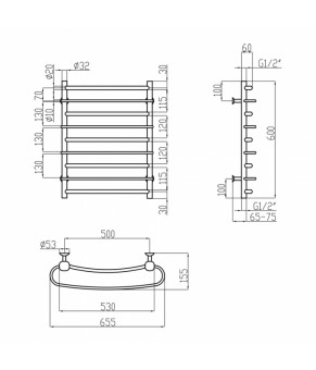 Водяной полотенцесушитель Lidz Standard (CRM) РЛС D32/20х1/2" 500x600 P4
