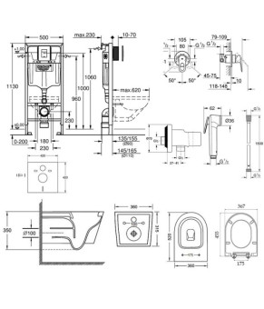 Комплект инсталляция Grohe Rapid SL 38827000 + унитаз с сиденьем Qtap Jay QT07335176W + набор для гигиенического душа со смесителем Grohe BauLoop 111042