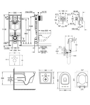 Комплект инсталляция Grohe Rapid SL 38827000 + унитаз с сиденьем Qtap Jay QT07335176W + набор для гигиенического душа со смесителем Grohe BauClassic 2904800S