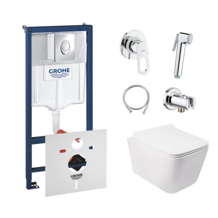 Комплект инсталляция Grohe Rapid SL 38721001 + унитаз с сиденьем Qtap Crow QT05335170W + набор для гигиенического душа со смесителем Grohe BauLoop 111042