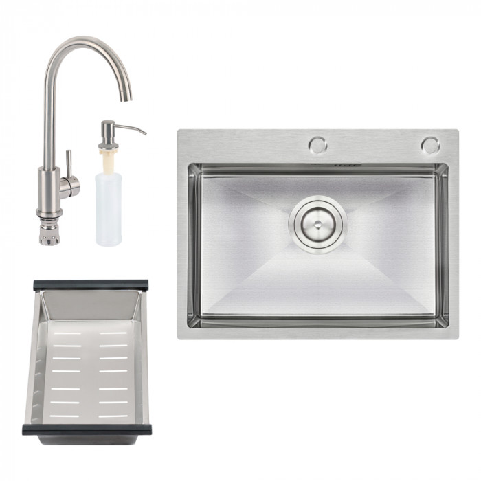 Набір 4 в 1 Qtap кухонна мийка D6045 Satin + змішувач + сушарка + дозатор для миючого засобу