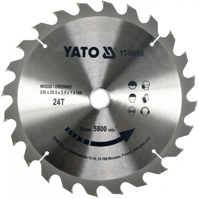 купить Диск пильный по дереву Yato 235х25.5х2.5х1.8 мм 24 зубца R.P.M до 5800 1/мин YT-60668
