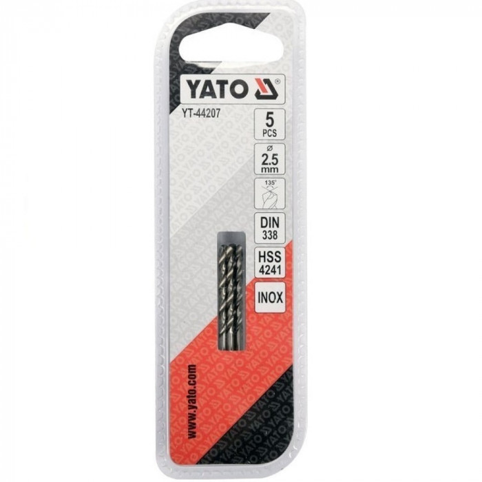 Сверло по металлу Premium Yato к нержавеющей и высоколегированной стали, литья 2.5х60 мм HSS 4241 5 шт YT-44207